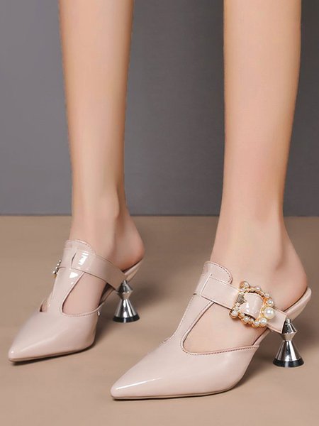

Elegant Pearl Buckle Decoration Pointed Toe Mules Pumps, Pink, Flats