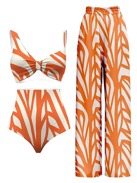

Stylewe Vacation Abstract Printing Bikin Swimsuit With Cover Up, Orange, Swimsuit with Coverups