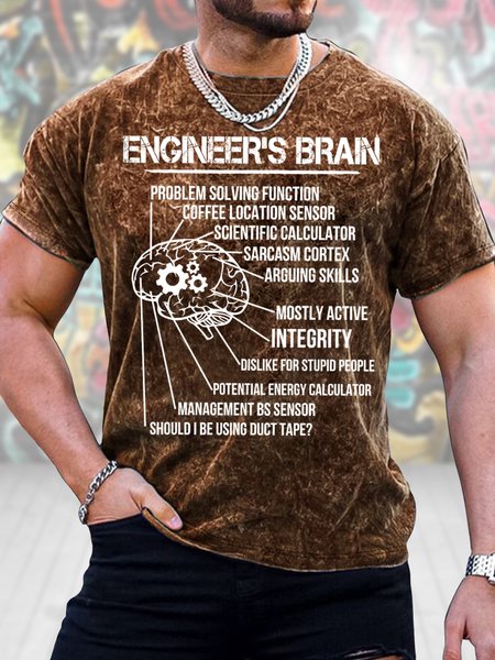 

Men's Engineer's Brain Problem-Solving Function Coffee Location Sensor Funny Graphic Printing Casual Crew Neck Loose Text Letters T-Shirt, Brown, T-shirts