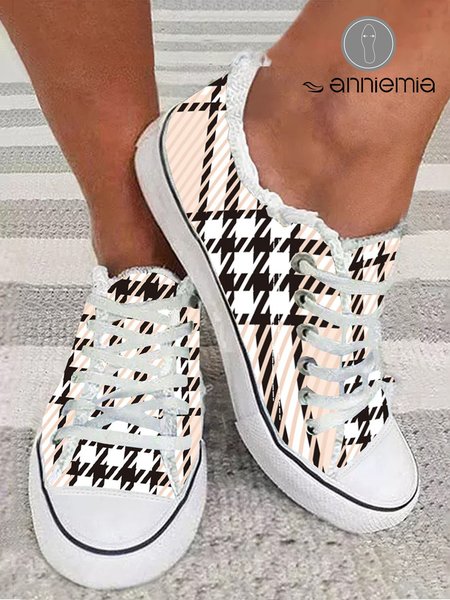 

Casual Plaid Striped Raw Hem Lace-Up Canvas Shoes, As picture, Sneakers