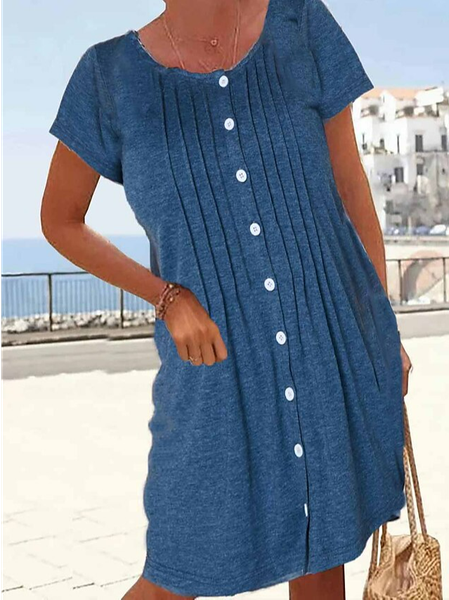 

Casual Crew Neck Plain Dress With No Belt, Blue, Dresses