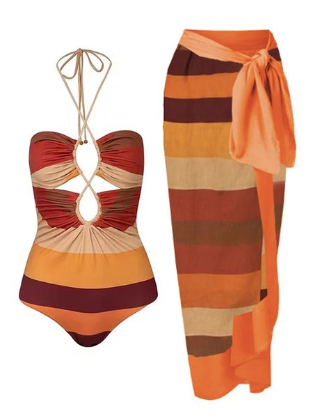 

Printing Striped Halter Vacation One Piece With Cover Up, Orange, Swimsuit with Coverups