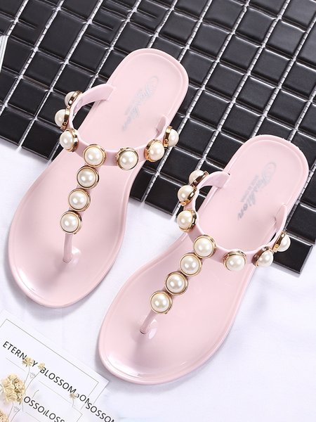 

Summer Vacation Pearl Buckle Jelly Beach Slippers, Pink, Slippers
