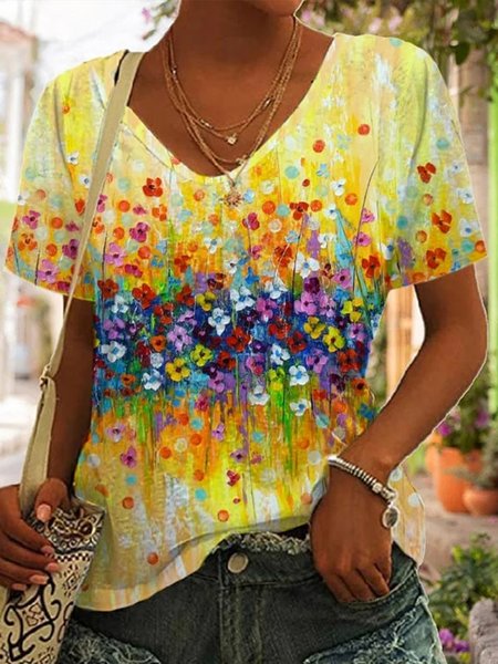 

Floral V Neck Loose Casual T-Shirt, Yellow, T-Shirts