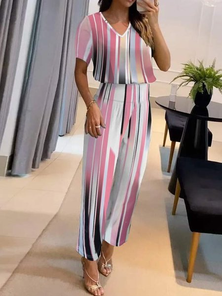 

Regular Fit Geometric Jersey Casual Two-Piece Set, Pink, Suit Set