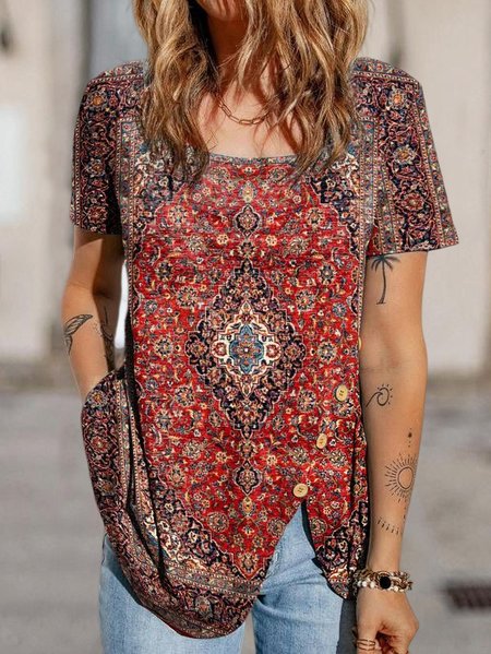 

Knitted Ethnic Square Neck Casual T-Shirt, Red, T-Shirts