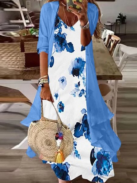 

Floral Loose V Neck Casual Two-Piece Set, Blue, Suit Set