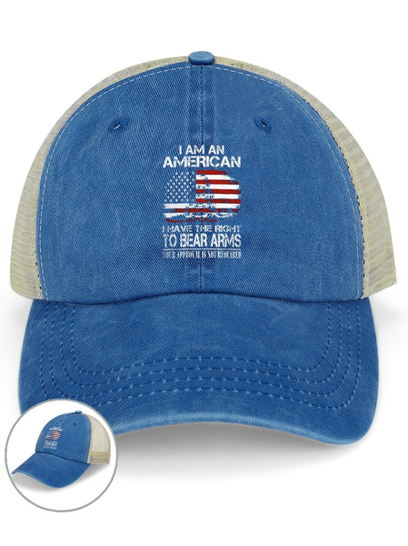 

Men's I Am An American I Have The Right To Bear Arms Your Approval Is Not Required Funny Graphic Printing Independence Day Washed Mesh-back Baseball Cap, Blue, Men's Hats