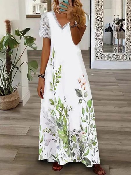 

Loose V Neck Floral Casual Dress, White, Dresses