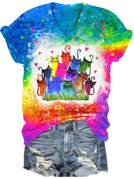 

Regular Fit Cat V Neck Casual T-Shirt, Blue, T-Shirts