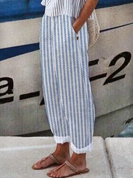 

Loose Striped Casual Pants, Blue, Pants