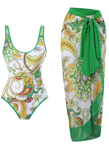 

Vacation Floral Printing Scoop Neck One Piece With Cover Up, Green, Swimsuit with Coverups