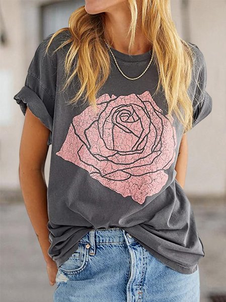 

Casual Floral Loose Crew Neck T-Shirt, Gray, T-Shirts