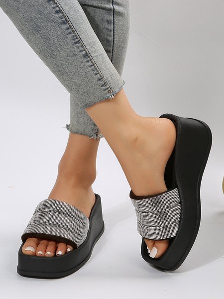 

Party Rhinestone Strap Wedge Sandals, Black, Sandals