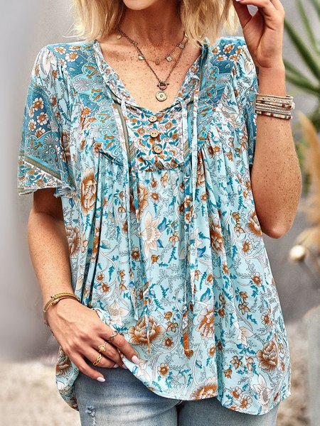 

Casual Ruched Ruffled Sleeves Shirt, Blue, Shirts & Blouses