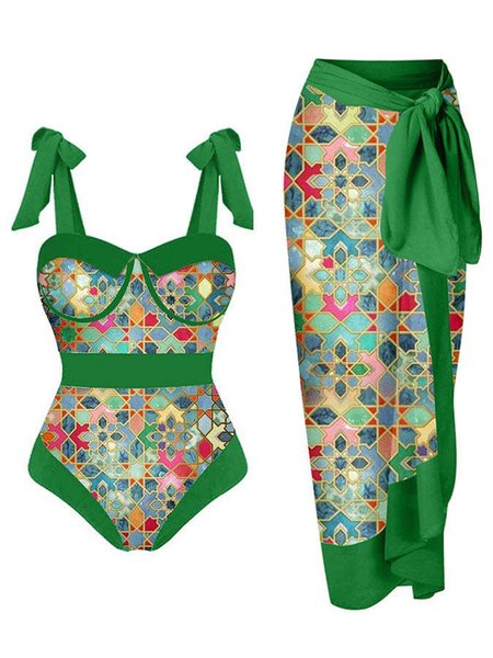 

Vacation Printing Geometric One Piece With Cover Up, Green, Swimsuit with Coverups