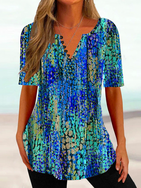 

Casual Abstract Notched Buttoned Shirt, Blue, Shirts & Blouses
