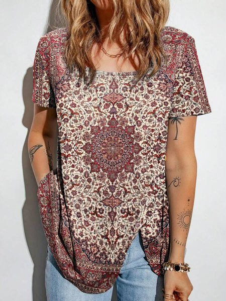 

Square Neck Loose Ethnic Shirt, Red, Shirts & Blouses