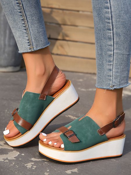 

Color Block Buckle Hollow out Slingback Wedge Heel Sandals, Green, Sandals
