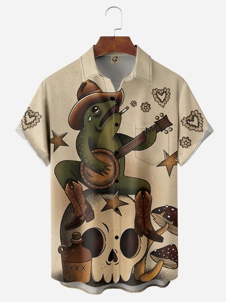 

Halloween Frog Playing Guitar Chest Pocket Short Sleeve Casual Shirt, Light khaki, Men Shirts