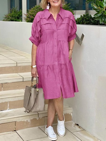 

Plain Shirt Collar Loose Urban Shirt Dress, Pink, Midi Dresses