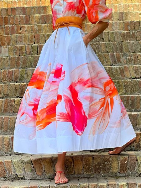 Vacation Abstract Regular Fit Maxi Skirt, White, Skirts