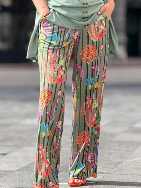 

Casual Loose Jersey Floral Pants, Green, Pants