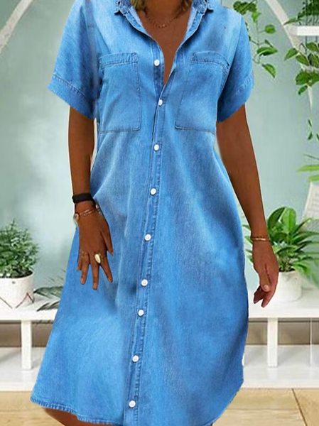 

Loose Plain Casual Shirt Collar Dress, Blue, Casual Dresses