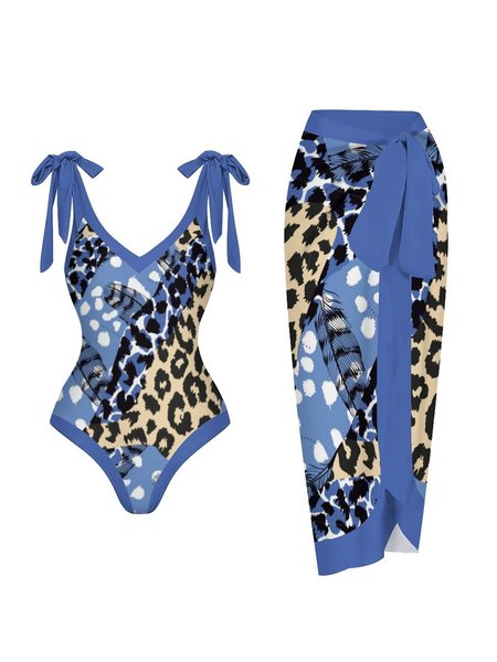 

Leopard Vacation Printing One Piece With Cover Up, Blue, Swimsuit with Coverups