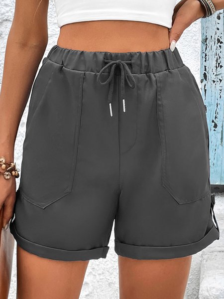 

Drawstring Loose Plain Casual Shorts, Gray, Shorts