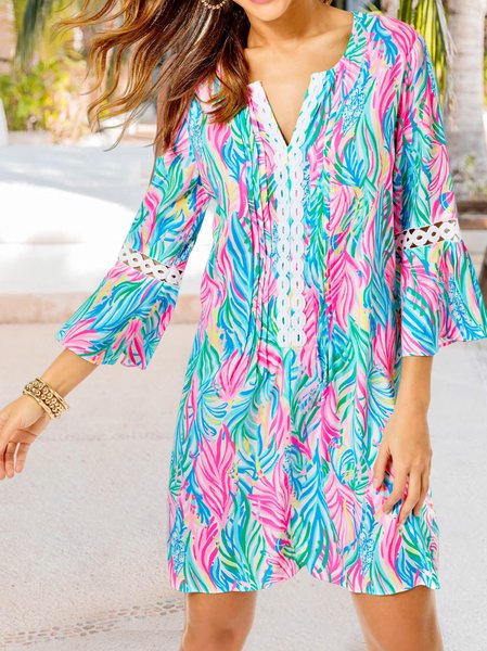 

Leaf Loose Boho Lace Edge Dress, Blue, Dresses