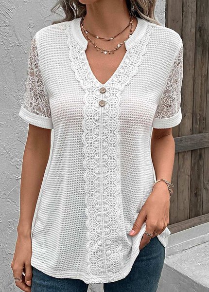 

Waffle Lace Notched Casual Loose Tunic, White, Shirts & Blouses