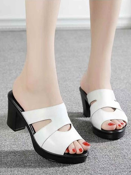 

Solid Color Hollow Casual Chunky Heel Peep Toe Sandals, White, Sandals