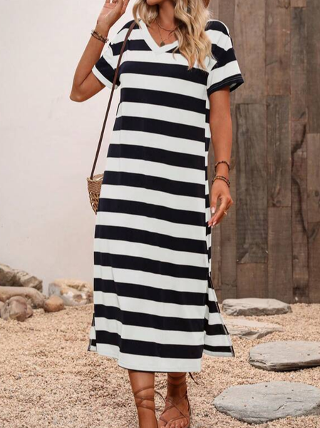 

Striped Casual Dress With No Belt, Black-white, Casual Dresses