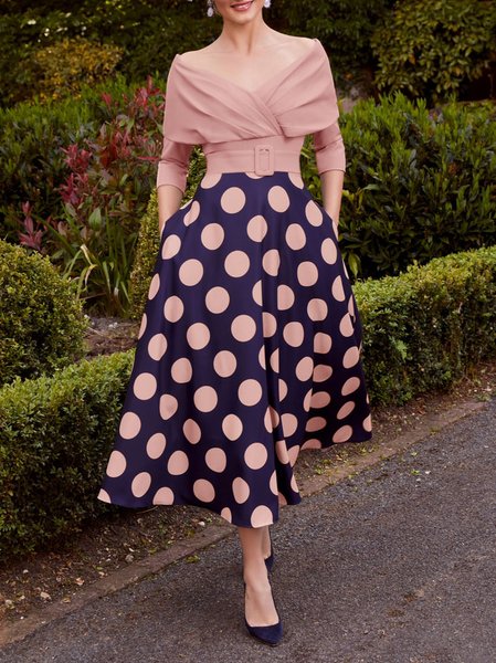 

Polka Dots Elegant Wedding Guest Dress With Belt, Pink, Midi Dresses