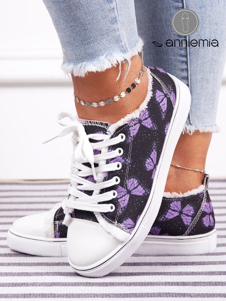 

Purple Butterfly Pattern Casual Lace-Up Canvas Shoes, Sneakers&Athletic