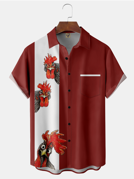 

Rooster Chest Pocket Short Sleeve Bowling Shirt, Red, Men Shirts