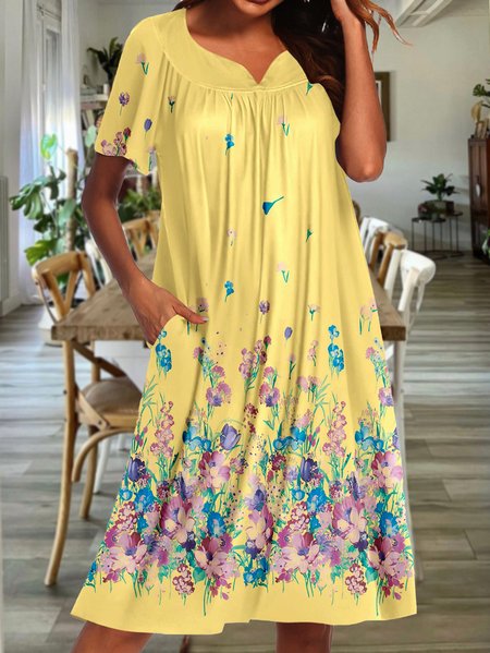 

Casual Floral Regular Fit V Neck Dress, Yellow, Dresses