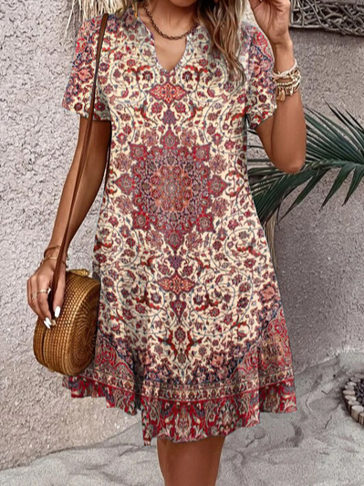 

Ethnic Knitted Casual Loose Dress, Red, Casual Dresses