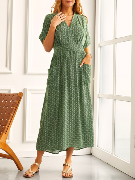 

V Neck Elegant Geometric Loose Dress, Green, Dresses