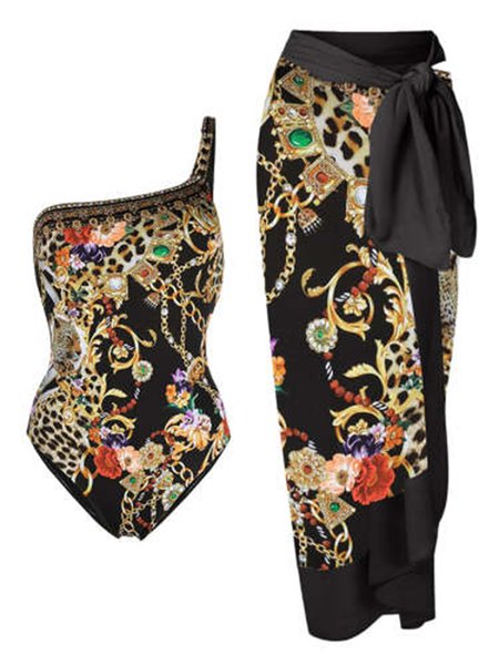 

Casual Abstract Printing One Shoulder One Piece With Cover Up, Black, Swimsuit with Coverups