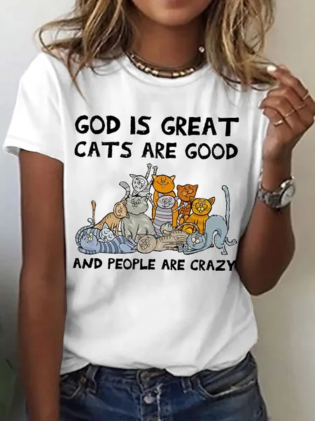

Women's God Is Great Cats Are Good People Are Crazy Gift Cat Lover T-Shirt, White, T-shirts