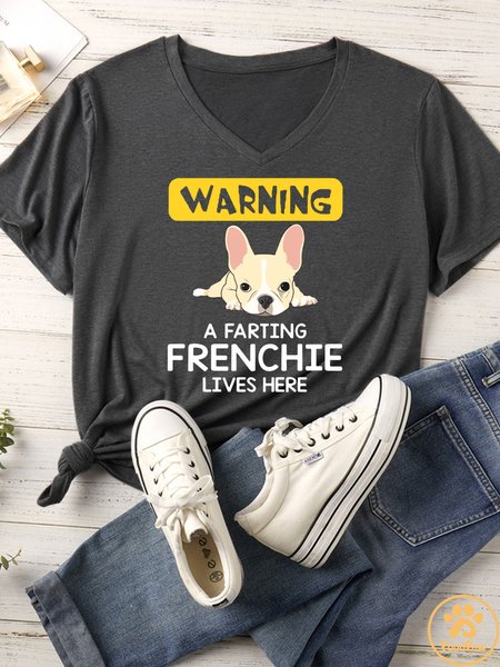

Women's Warning A Farting Farting Frenchie Live Here Matching V Neck T-Shirt, Gray, T-shirts