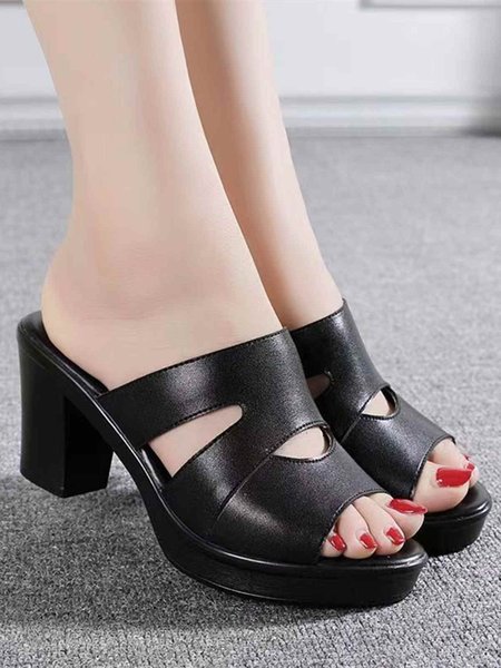 

Solid Color Hollow Casual Chunky Heel Peep Toe Sandals, Black, Sandals