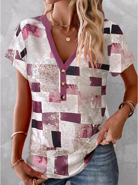 

Casual Geometric Regular Fit V Neck T-Shirt, Purple, T-Shirts