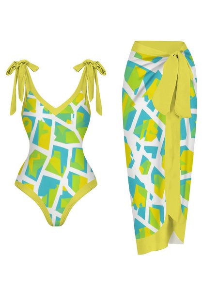 

V Neck Vacation Abstract One Piece With Cover Up, Green, Swimsuit with Coverups