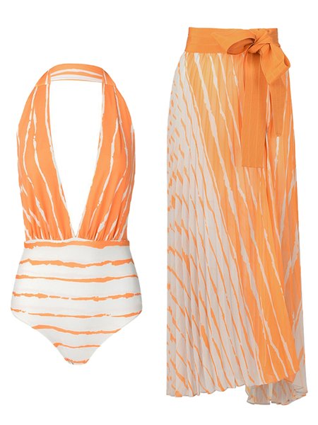 

Vacation Geometric Printing V Neck One Piece With Cover Up, Orange, Swimsuit with Coverups