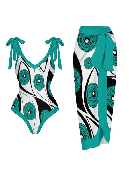 

Abstract Vacation V Neck Printing One Piece With Cover Up, Lake blue, Swimsuit with Coverups