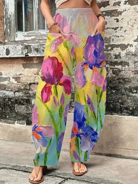 

Loose Floral Casual Pants, Green, Pants