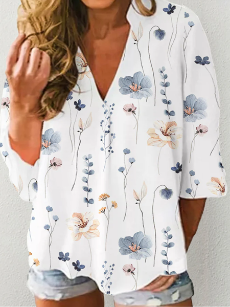 

Plus Size Floral Loose V Neck Casual Shirt, White, Shirts & Blouses
